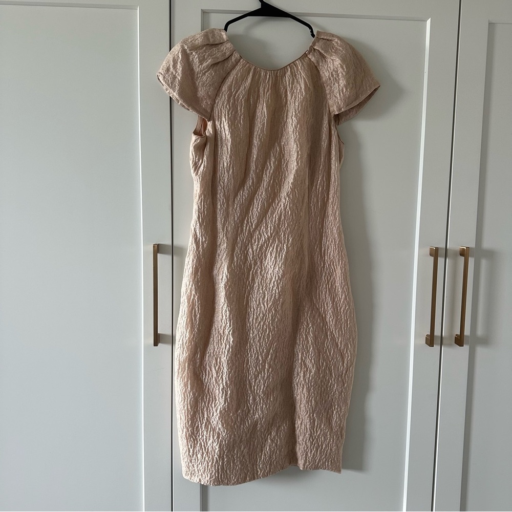 Tan Ruched Sheath Midi Dress with Puff Cap Sleeves